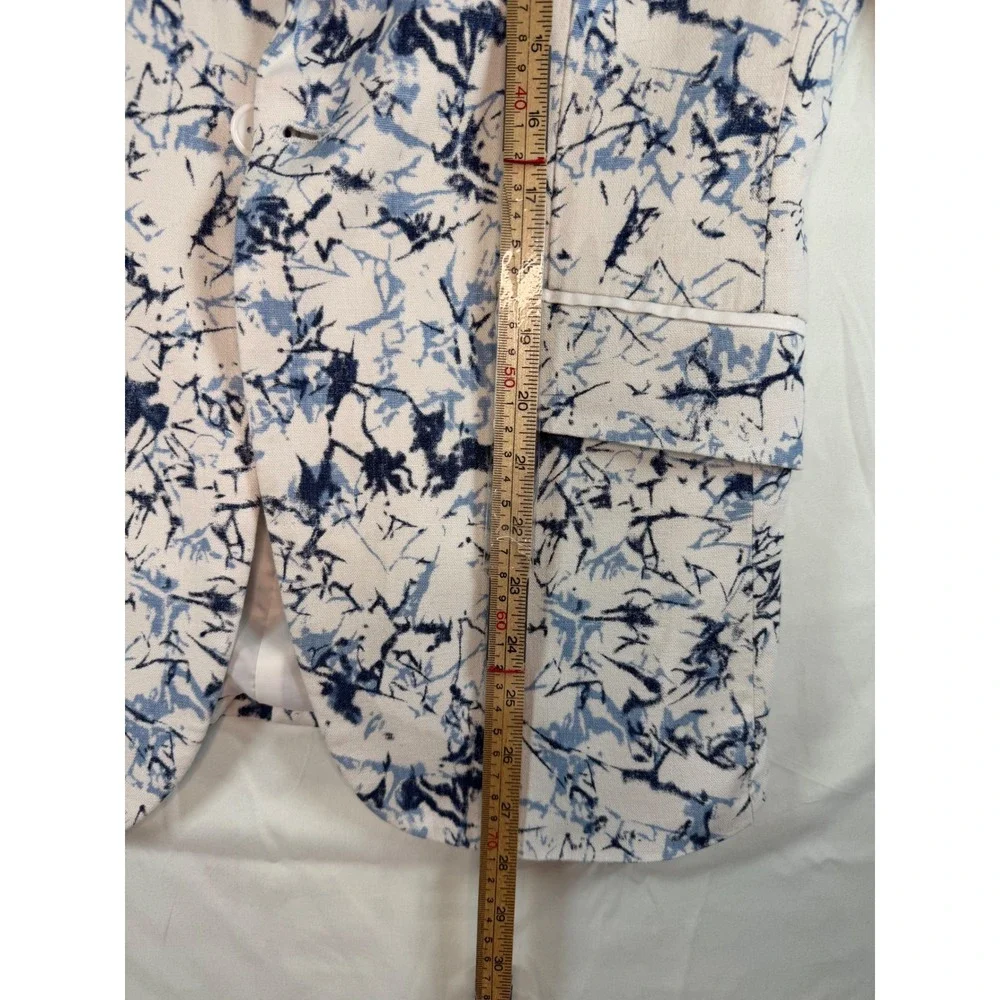 Cielo Mens 36R Blue White Abstract Marble Print Linen Blend Blazer Jacket modern